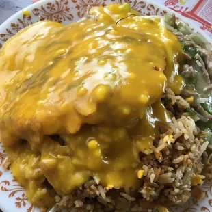 a plate of food with rice and cheese