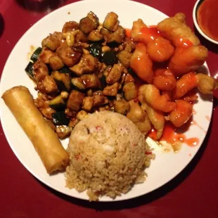 My combo! Kung pao chicken, sweet and sour chicken, BBQ pork friend rice and a veggie roll! :)