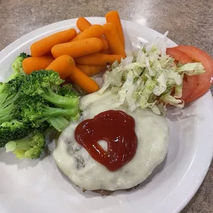 Burger (no bun), and veggies
