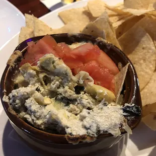 Stale chips chopped tomatoes on warmish clotted spinach dip?