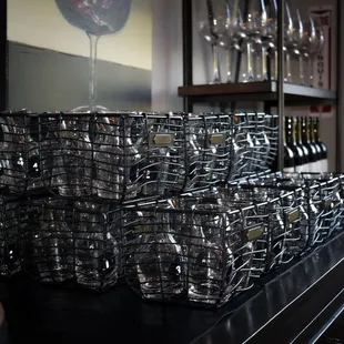 a bunch of wine glasses