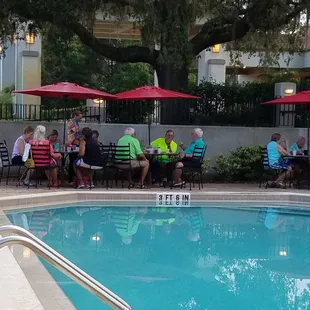 people sitting around a pool