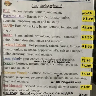 In store Deli menu. Open from 11AM-4PM!
(Can also customize and create your own sandwich)