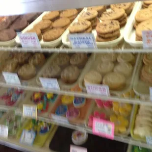 a display of cookies and pastries