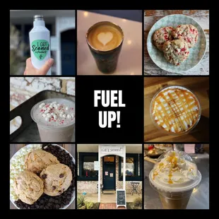 a collage of coffee, cookies, milk, and cookies