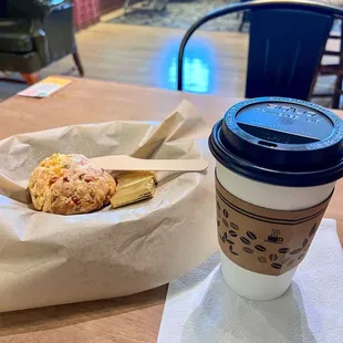 Jalapeno cheddar scone with a cappuccino