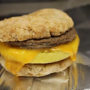 a sausage and egg biscuit sandwich