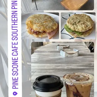 Ham and Cheese Melt, The Star Sconewich, Hot Mocha Hazelnut coffee, Iced Vanilla Hazelnut Cinnamon Coffee