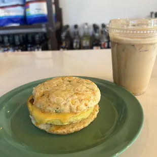 South Carolina breakfast sandwich. Shaken espresso with cherry.