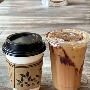 Hot mocha hazelnut coffee and Iced vanilla hazelnut cinnamon coffee