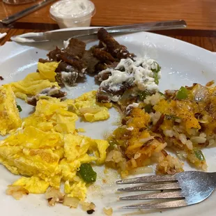 Gyros meat and eggs.