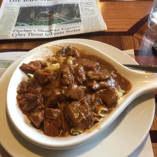Beef Tips I've Noodles - $8.50 includes soup or salad and dessert. Excellent!