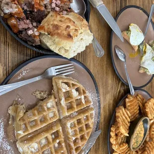 Waffle, Meat Lovers Bowl, Avocado toast, waffle fries