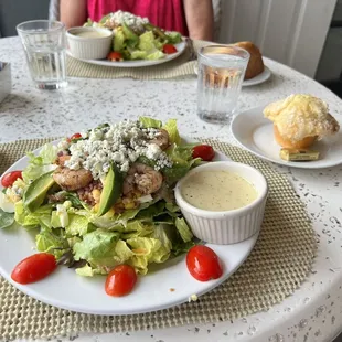 Jerk shrimp salad, lemon muffin, dill bread.