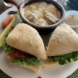 BLT with avocado and onion soup.