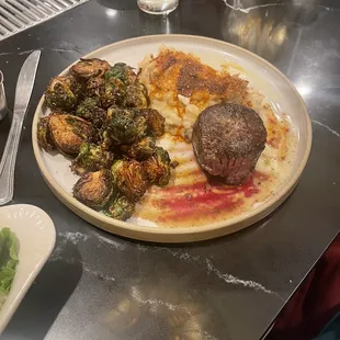 Filet with mashed potatoes and Brussels