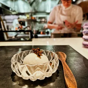 a bowl of ice cream and a spoon