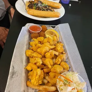 Shrimp basket and black magic pasta with shrimp