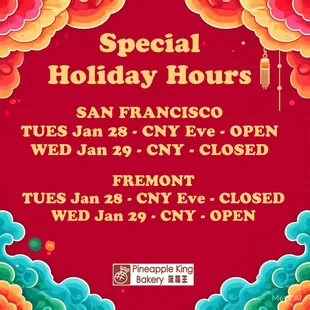 Special Holiday Hours for both San Francisco and Fremont stores