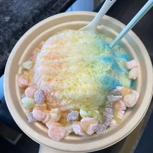 Guava pineapple and vanilla shave ice with snow cap and mochi balls