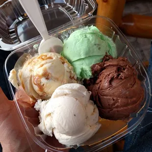 4 scoop sampler... Bananas Foster, Butter Pecan, Pistachio, and PB Cup. All of them are winners!! Only $4.50