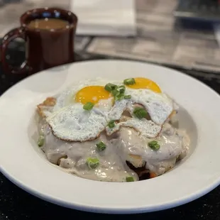 The moose. It's loaded with all kinds of breakfast ingredients.  Eggs, sausage gravy, bacons, Hash Browns, and biscuits.  Delicious.