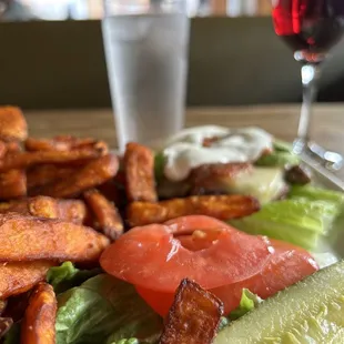 Southwest burger, no bun. Substitute the best sweet potato fries I have ever had.