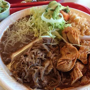 Meat plate with roasted pork and spicy chicken, add guac. 7