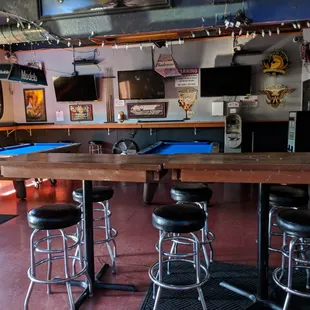a pool table and bar stools