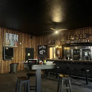 a bar with stools and tables