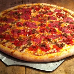 pepperoni, sausage, and cheese pizza