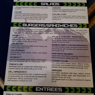 Salads, Burgers and Entree menu.