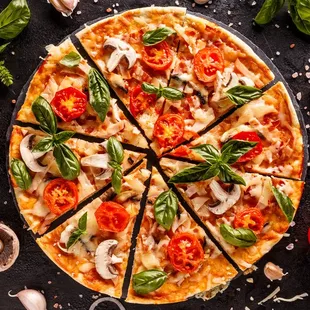 a pizza with several slices taken out of it