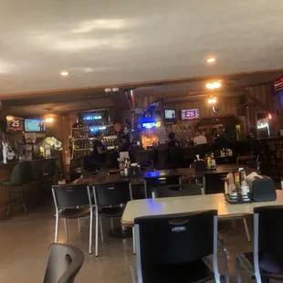 the inside of a restaurant with tables and chairs