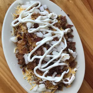 Loaded Tots (subbed out nacho sauce for shredded cheese)