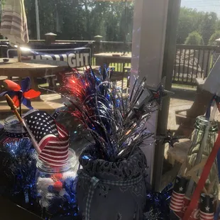 a patriotic display in a window