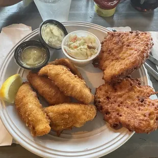 Perch fish fry with potato pancakes