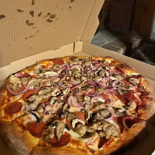 Combo pizza with no olives and no bell pepper.