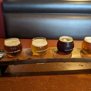 LEFT TO RIGHT: Pinehop IPA, saison, amber, juicy IPA. All good!