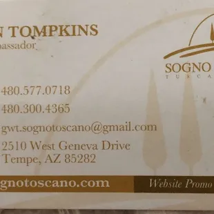 Business card for great Tuscany Italian olive oil and related products.