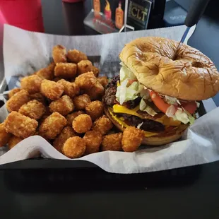 Bacon burger and tater tots