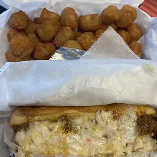 Two beef hotdogs with tater tots and melted cheese on the side