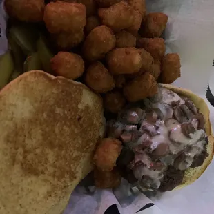 Mushroom &amp; Swiss Burger with crispy tater tots