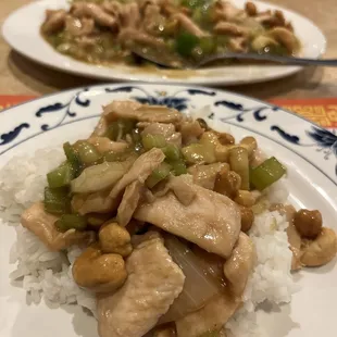 Cashew chicken w white rice. A huge portion of flavorful food at a great price.