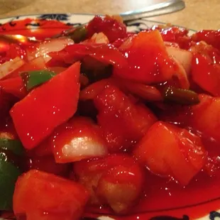 Sweet and sour chicken. Unfortunately pretty dry but sauce is good.