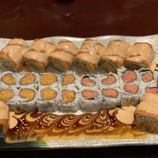 Pings roll, spicy tuna roll, and spicy salmon roll