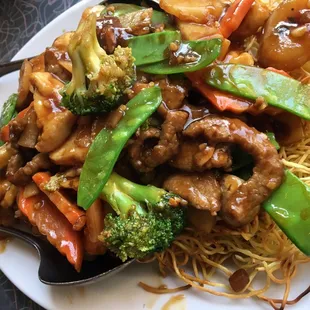 Pan fried noodles with beef, shrimp and chicken