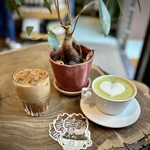 Iced chai latte with oat milk and a matcha