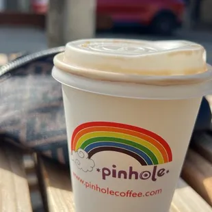 a cup of coffee on a wooden table