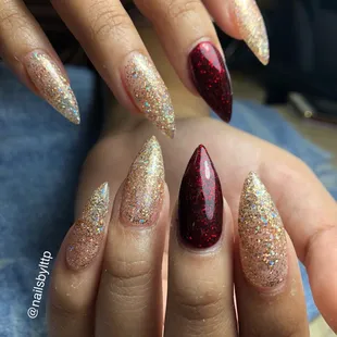 Stiletto nails with gel polish.